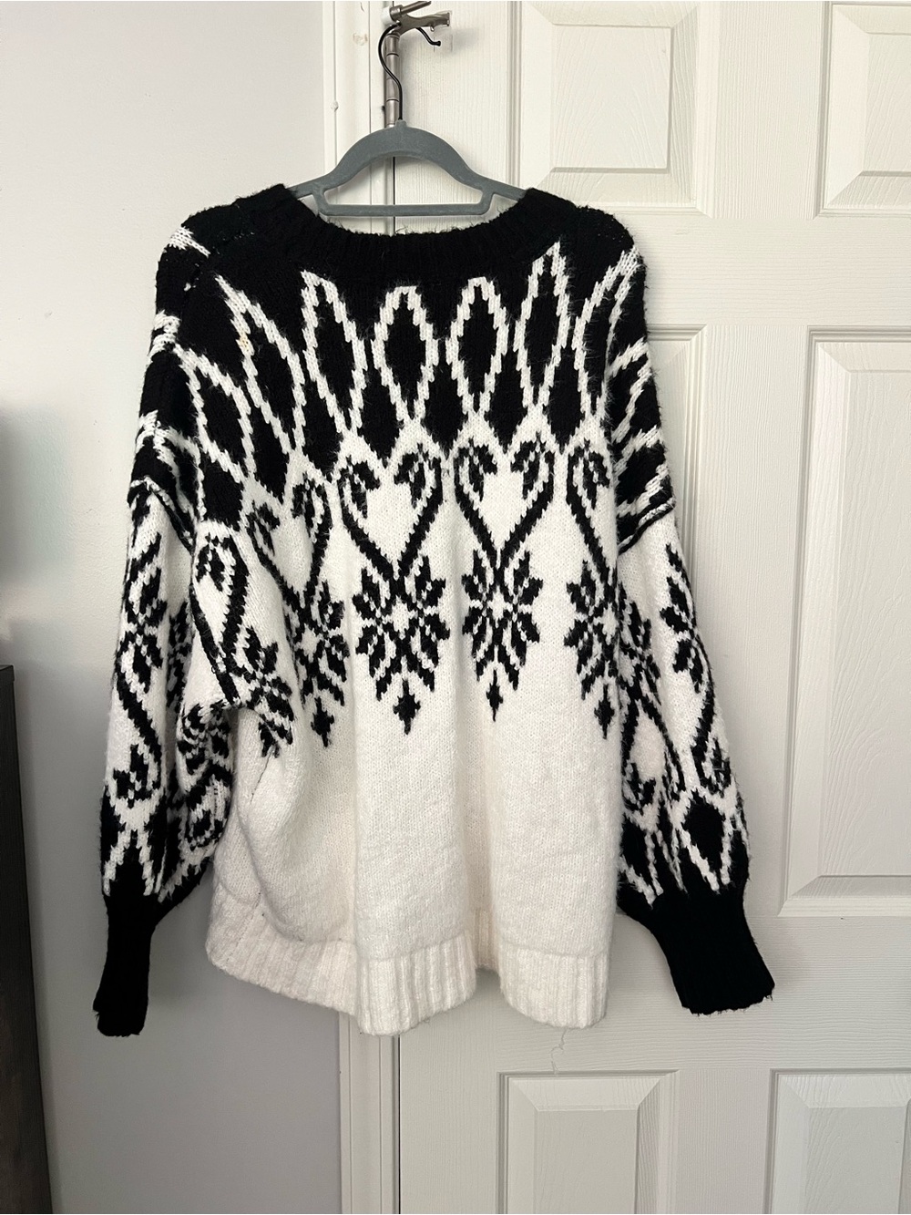 Free People Black and White Nordic-Inspired Crewneck Sweater